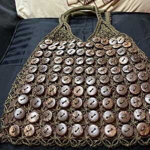 Blue Miami Button Crochet Tote Beach olive green and brown Lined bag